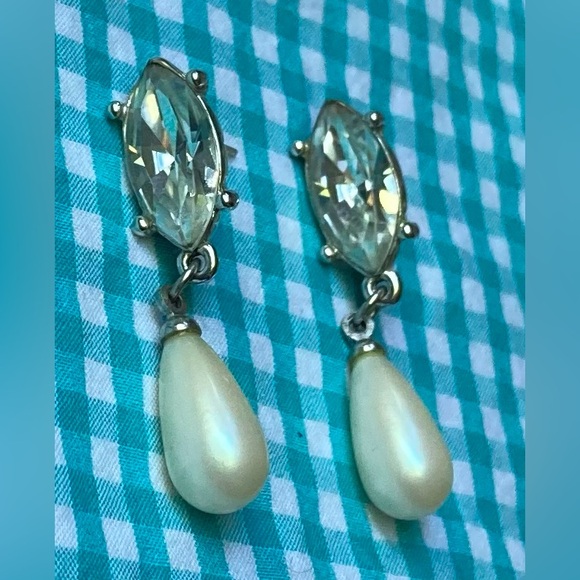 YVES SAINT LAURENT Silver Tone, Crystal, Pearl Drop Earrings, Signed - Picture 1 of 6